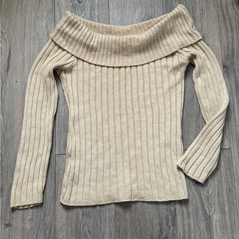 Vintage Chesley Beige Off-Shoulder Ribbed Sweater Sz Small